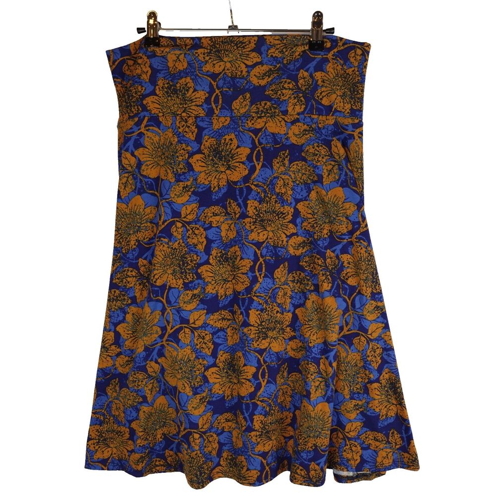 LuLaRoe Azure Skirt Women Size Large Floral Blue Orange Stretch Flowy A-Line AOP